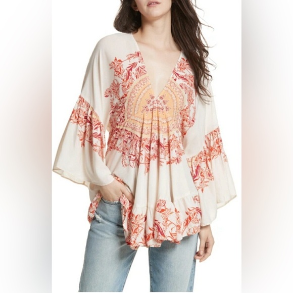 Free People Tops - Free People Bohemian Ruffle Tunic Top Small Cream Red Festival Blouse